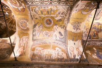Fototapeta na wymiar ISTANBUL, TURKEY - JANUARY 15, 2018: Interior and ancient mosaic in the Church of the Holy Saviour in Chora, or Kariye Camii