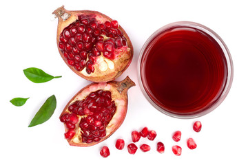 A glass of pomegranate juice with fresh pomegranate fruits isolated on white background. Top view. Flat lay