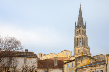 Collegial church (Eglise Collegiale) of Saint Emilion, France, taken in the afternoon surrounded by the medieval part of the village, famous for its wine