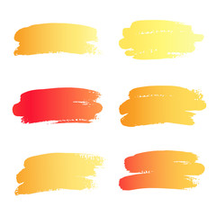 Vector brushes. Set of color yellow, orange, red gradient  brush stroke, different size on white background. Elements for design. Hand drawn stroke, isolated