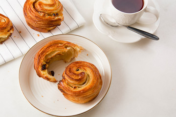 French traditional pastries. Croissant. Pains aux raisins.