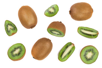 Fototapeta premium Kiwi fruit with slices isolated on white background, close-up. Top view. Flat lay pattern