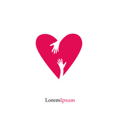 Red heart and hand. Love, Hope, Care Logo, Vector Illustration