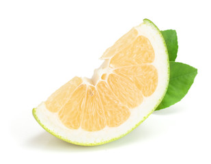 slices of Citrus Sweetie or Pomelit, oroblanco with leaf isolated on white background close-up