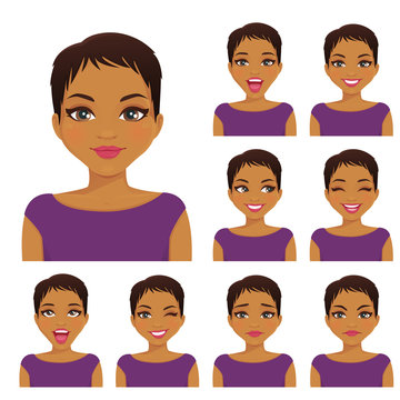 Woman with different facial expressions set vector illustration