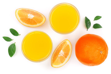 orange juice glass with slices of citrus and green leaves isolated on white background, top view. Flat lay pattern