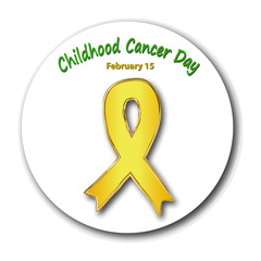 Childhood cancer awareness. Cancer Children's Day. Emblem with a gold ribbon. Vector illustration on isolated background.