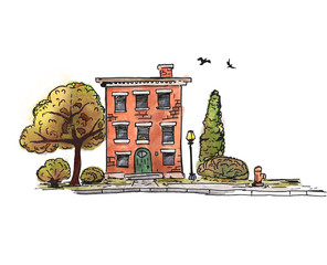 Hand drawn watercolor sketch of townhouse with lawn trees and bushes. Suit for postcard.