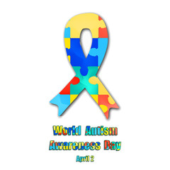 Puzzles and Ribbon with World Autism Day. Vector illustration on isolated background.