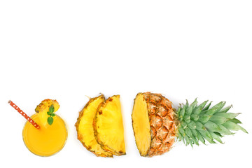 pineapple juice in a glass and pineapple slices isolated on white background with copy space for your text. Top view