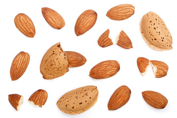 almonds isolated on white background. Top view. Flat lay pattern