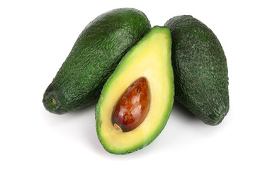 whole and half avocado isolated on white background close-up. Top view