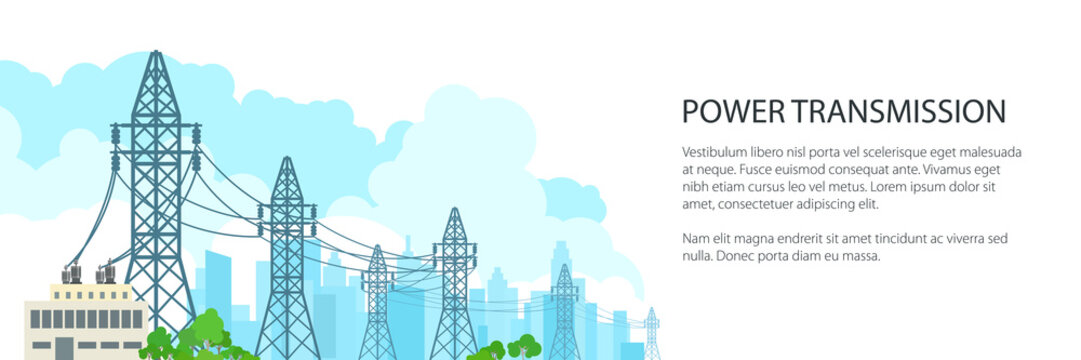 White Banner of Electric Power Transmission, High Voltage Power Lines Supplies Electricity to the City and Text, Vector Illustration