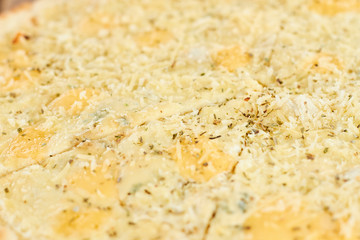 Cheese pizza filling close up. Macro view on cheese pizza stuff.