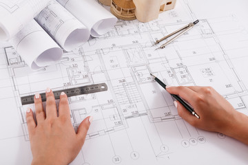 Architect drawing architectural project