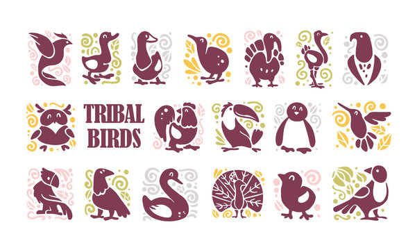 Vector collection of flat cute tribal bird icons & ornament isolated on white background. Exotic bird silhouette, domestic farm, forest, northern & tropic. Good for logo template, web design, pattern.