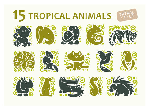 Vector collection of flat cute animal icons isolated on white background. Tropical animals and birds tribal symbols. Hand drawn emblems. Perfect for logo design, infographic, prints etc.