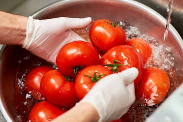 Chef washing tomatoes in water, close up. Tomatoes rinsing in bowl of water.