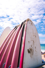 Pink surfboards standing on the rack