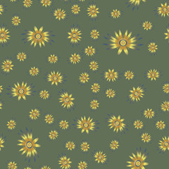 Fantasy bronze flowers on a green background. Seamless vector illustration.