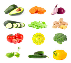 Collection of fresh vegetables isolated on white background. Collage of juicy and ripe vegetables isolated on white background. Close-up