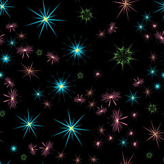 Seamless abstract pattern. Multicolored stars on a black background. Beautiful vector illustration.