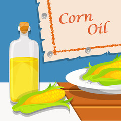 Corn oil, glass bottle of vegetable oil and corncob vector Illustration design element for banner, poster