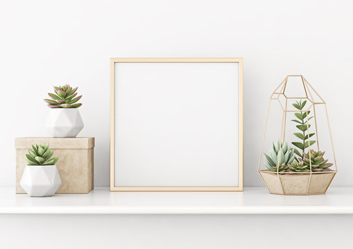 Home interior poster mock up with horizontal gold metal frame and succulents on white wall background. 3D rendering.
