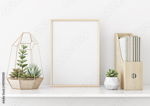 Fototapete Home Interior Poster Mock Up With Horizontal Gold Metal Frame And Succulents On White Wall Background 3d Rendering Marina Dikh