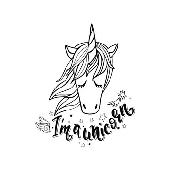 Cute vector a portrait of a unicorn. Magic romantic character surrounded by star dust for sticker, patch badge, card, t-shirt and funny children's design.