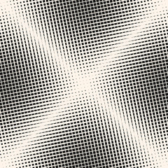 Vector halftone mesh seamless pattern. Abstract graphic texture with squares, crossing lines, grid, net, lattice. Black and white monochrome background with gradient transition effect. Trendy design