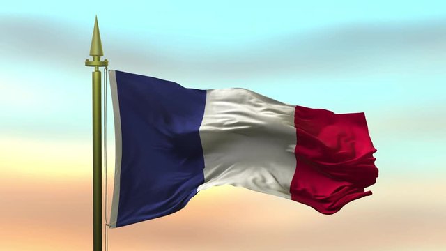 National Flag of  France  waving in the wind against the sunset sky background slow motion Seamless Loop Animation