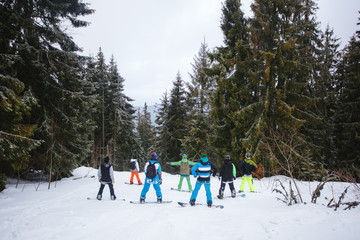 Company of snowboarders among the forest in the mountains.