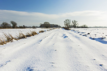 Snow-covered road through fields