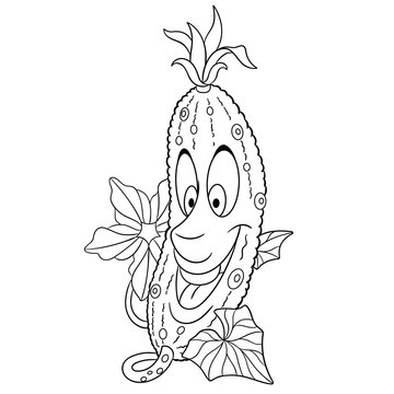 Coloring page. Cartoon Cucumber. Happy Vegetable character. Eco Food symbol. Design element for kids coloring book, t-shirt print, icon, logo, label, patch, sticker.