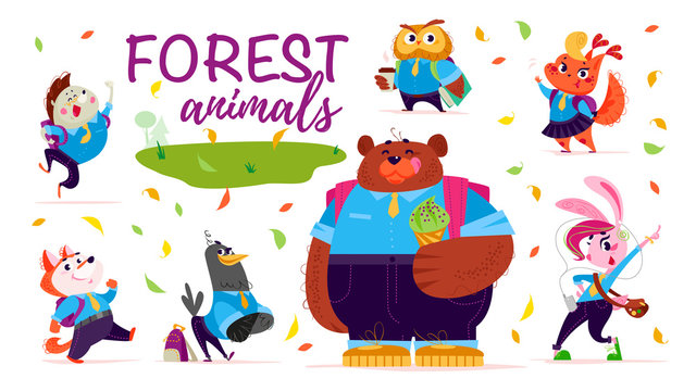 Vector set of flat friendly cute forest animals children - back to school theme isolated on white background. Animal students characters, icons.