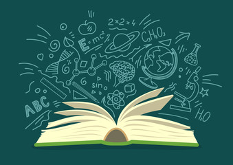 Open book with education, science hand drawn doodles on teal background. Education vector illustration.