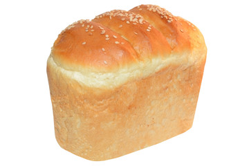 A loaf of white bread with sesame seeds isolated on white background