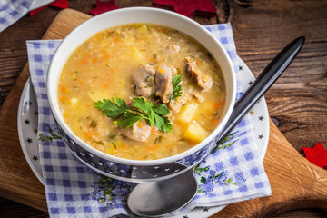 Soup with barley and chicken gizzards.
