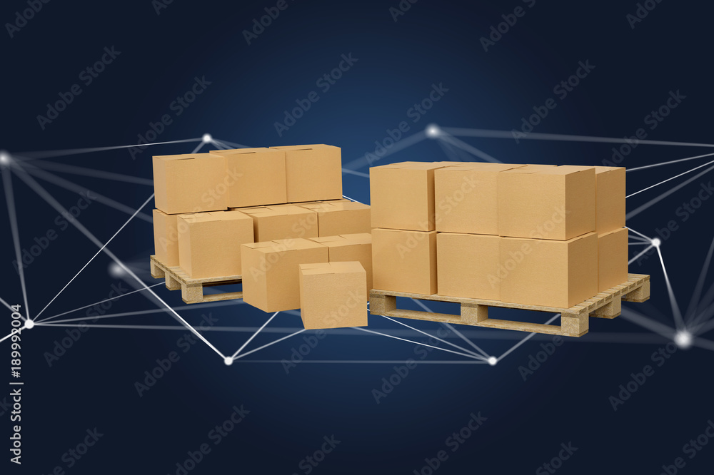 Aufkleber pallet of carboxes with network connection system - 3d render