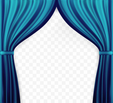 Naturalistic image of Curtain, open curtains Blue color on transparent background. Vector Illustration.