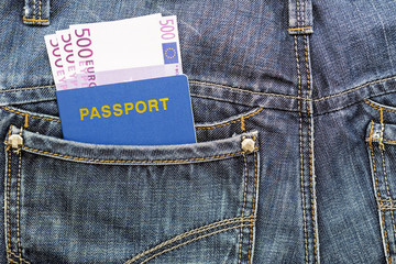 Passport with euros in jeans pocket