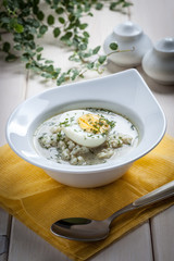 Sorrel soup with egg in white bowl.
