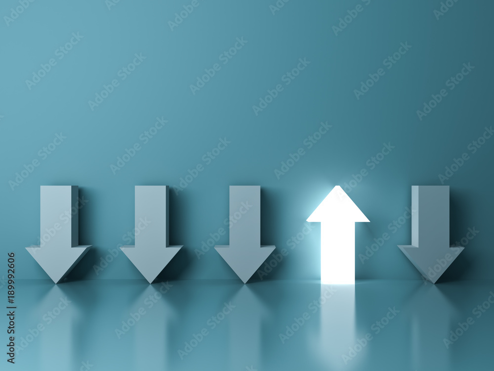 Aufkleber Stand out from the crowd and different concept , One glowing light up arrow among other down arrows on green pastel color background with reflections and shadows . 3D rendering.