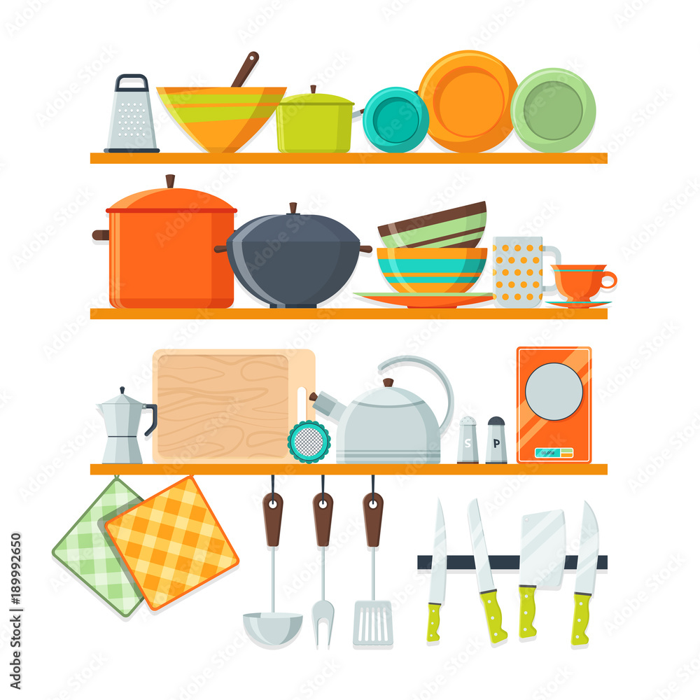 Sticker kitchen tools and restaurant equipment on shelves