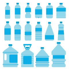 Set of plastic bottles for water. Vector pictures in flat style