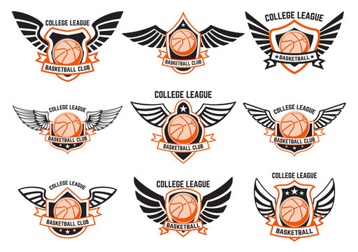 Set of winged emblems with basketball ball. Design element for logo, label, emblem, sign.