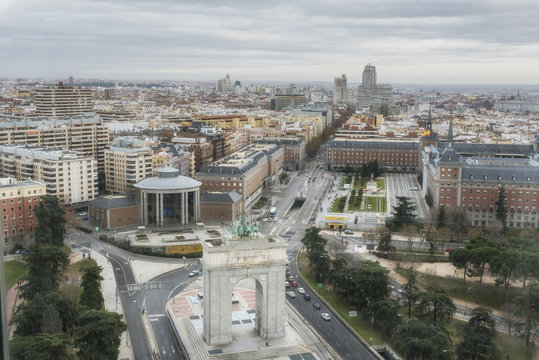 Aerial view of the Madrid centre city, Memory Arch on the Moncloa Square. Spain.