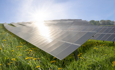 solar panels on a spring, flowery meadow