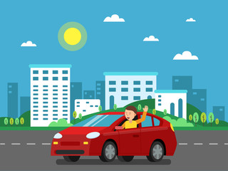 Red car on the road in urban landscape. Vector illustration in flat style